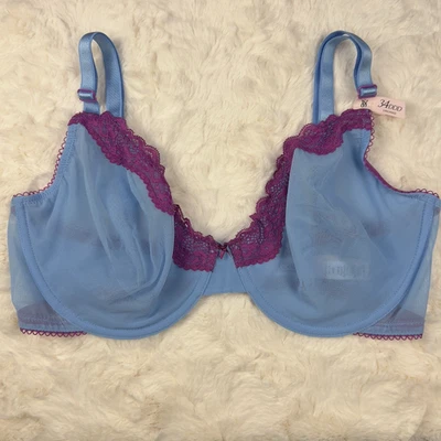 Victoria’s Secret Tease Unlined Demi Bra Blue Mesh w/ Fuchsia Lace Trim 34DDD NW - Image 1 of 4