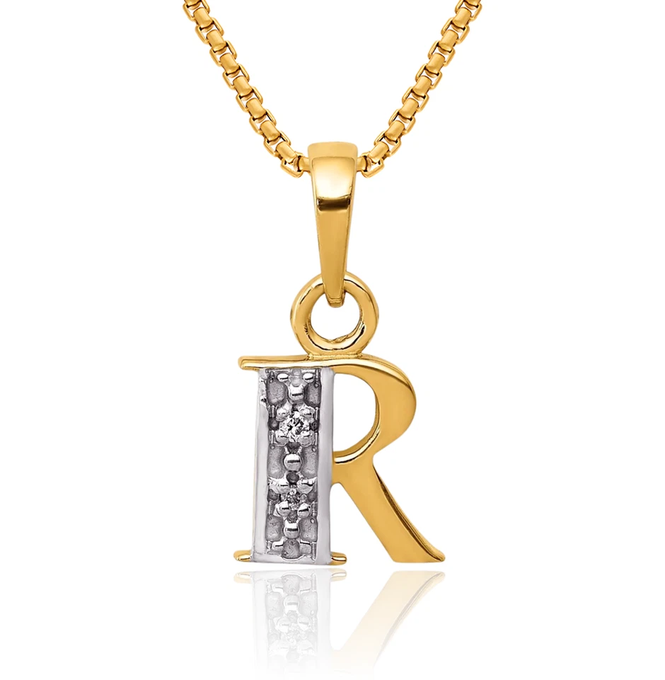 Collar inicial de diamantes con letra R de oro amarillo macizo de 10K Foto 1 de 1