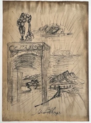 Salvador Dalí (Handmade) Drawing On old Paper Signed & Stamped Vtg Art - Image 1 of 4