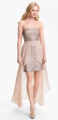NWT AIDAN MATTOX Strapless Sequin Chiffon Overlay HiLo Dress Sz 0 Champagne $290 - Image 1 of 4
