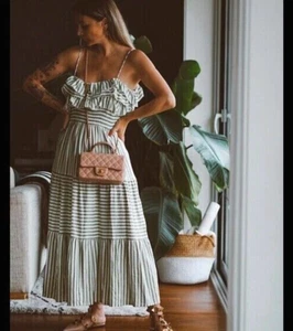 ZARA GREEN WHITE STRIPE FRILL RUFFLE MIDI LINEN SUMMER DRESS SIZE L 12 14 Beach - Picture 1 of 6