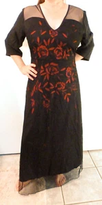 ELEGANTE VESTIDO LARGO NEGRO ROJO FLORAL DE GASA EN CAPAS CON BOLSILLOS L XL NUEVO SIN ETIQUETAS - Imagen 1 de 3