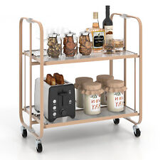 2-tier Mobile Tempered Glass Serving Cart Foldable Kitchen Bar Cart w/ Handle