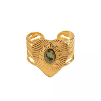 Gold Heart Green Stone Stainless Steel Adjustable Ring - Image 1 of 3