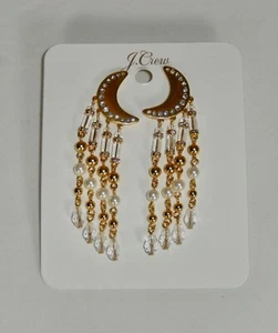 J. Crew Gold Halbmond Mond Kristall Perlen Quaste Fransen baumelnd lange Ohrringe - Bild 1 von 5