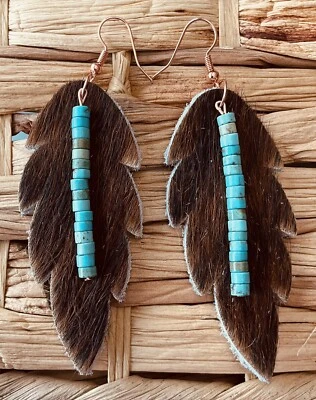 Pendientes colgantes de cuero de vaca con cuentas de turquesa genuino piedra occidental para mujer Foto 1 de 2