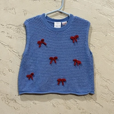 Zara Blue Knit Girl’s Vest with Red Bows size 6 years - Image 1 of 4