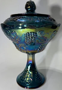 Vintage Indiana Harvest Grape Iridescent Blue Carnival Glass Compote & Lid - Picture 1 of 9