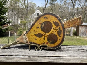 Antique Hand Painted Wood Brass and Leather Working Fireplace Fire Bellows - Picture 1 of 11