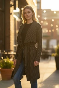 NWT RELIGION Clothing “We Live In Black” Longline Striped Belted Coat Jacket - Picture 1 of 11