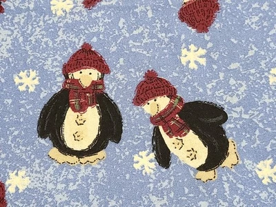 Sweet Penguin Friends Wear Knit Hats in the Snow Blue Christmas Cotton Fabric - Image 1 of 4