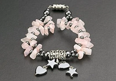Magnetic Bracelet Healing Hematite Bead Dangle Heart & Star Charms Pink Stone  - Image 1 of 2