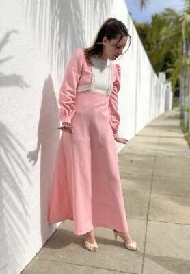 70s Vintage Pink Handmade 70s Maxi Dress with Daisy Lace Trim Vintage Prom Dress - Image 1 of 4