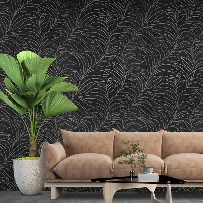 Black gray grassbeads floral art abstract leaves lines textured wallpaper 3D - Image 1 of 4