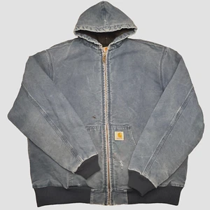 VTG 90s Carhartt Jacket Sz 2XL Blue Canvas Thrashed Hooded Quilted Chore Work - Picture 1 of 21
