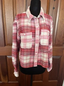 American Eagle Pink White Plaid Cropped Flannel Shirt Small $45 NWOT Women - Picture 1 of 9