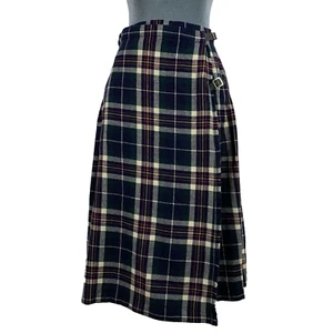 Vintage 70s Womens 4 26" Glenisla Scottish Wool Navy Blue Plaid Midi Skirt - Picture 1 of 5