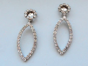 Vintage rhinestone Clip On Earrings dangles/ Pre- 1950's-60's/3" Drop - Picture 1 of 7