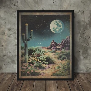 DESERT MOON Wall Art, Western Celestial Cactus Flower Poster, Lunar Star Decor - Picture 1 of 18