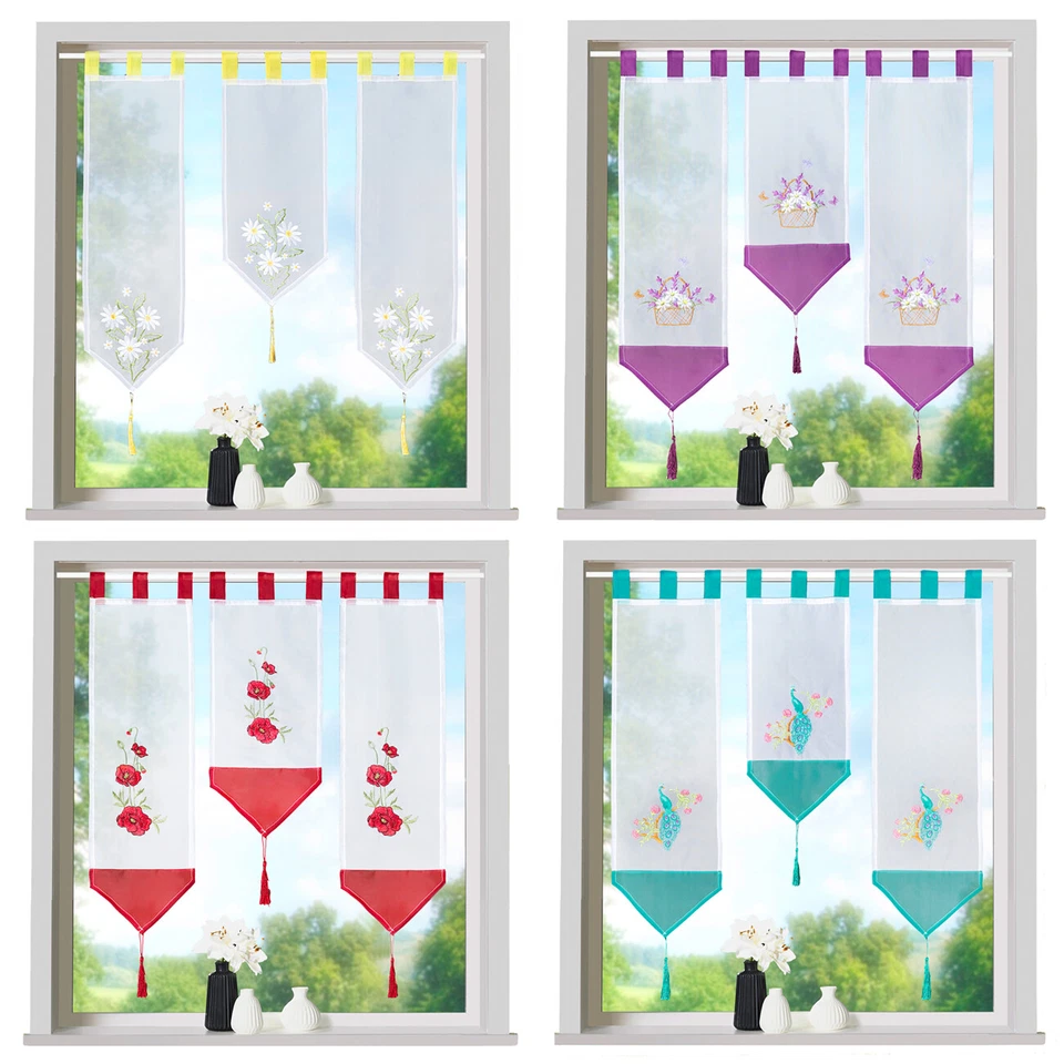 Scheibengardine Lamellen Set 3-tlg Bestickt Blume Pfau Schlaufen Gardine Typ710 - Bild 1 von 4