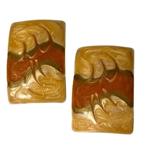 Vintage Cream Beige Copper Swirl Enamel Clip On Earrings 70s 80s Retro Fall - Picture 1 of 11