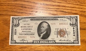 Lansford Pennsylvania, 1st National bank 1929 $10 T-1,  Uncirculated , scarce - Picture 1 of 2