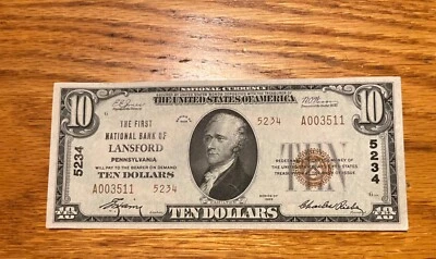 Lansford Pennsylvania, 1st National bank 1929 $10 T-1,  Uncirculated , scarce - Image 1 of 2