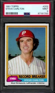 PSA 9 - 1981 Topps #202 Steve Carlton Record Breaker Philadelphia Phillies Salón de la fama - Imagen 1 de 2