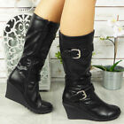 Mid Calf Wedge Boots Shoes Platform High Heel Buckle Zip Ladies Womens Boot Size