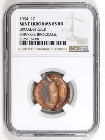 1994 Cent NGC MS-65 RD Broadstrike W/ Obverse Brockage Cover