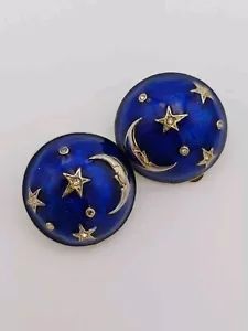 Vintage Stunning Royal Blue Enamle, Gem Detailed Celestial Moon & Star Round... - Picture 1 of 9