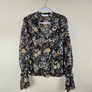 Robert Rodriquez Blouse Small Sheer Chiffon Silk Floral Ruffle Bell Sleeve Gauzy - Picture 1 of 7