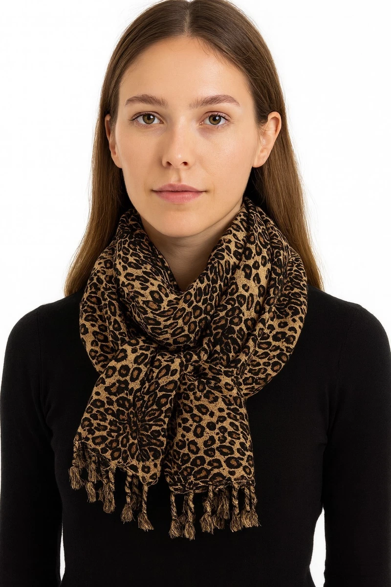 2 Schals Leopardenmuster Damen – übergroß 160x70 Cm – Weicher Baumwoll-Leinen-Mix – Winter & Herbst