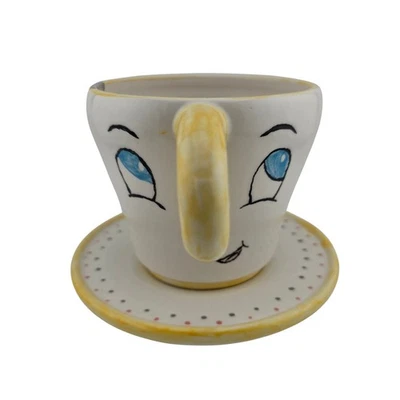 Juego de tazas y platillos de cerámica pintados a mano diseño de cara caprichoso mango amarillo Foto 1 de 4