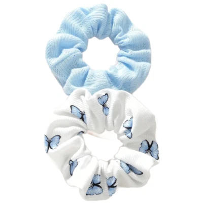 Conjunto de 2 corbatas elásticas crujientes textura cabello mariposa azul cómodo lote NUEVO Foto 1 de 4