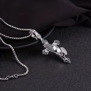 Men Women Prayer Hand Necklace with Cross Alloy Jesus Pendant - Picture 1 of 7