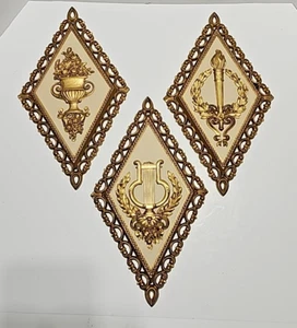 VTG Homco Wall Decor Gold Diamond Baroque 3 Plaques Hollywood Regency USA MCM - Picture 1 of 17