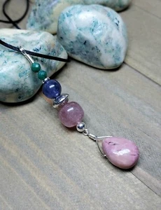 Pink Teardrop Rhodonite Pendant with Blue Green Multicolor Gemstones - Picture 1 of 10