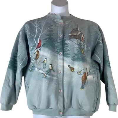 Cabelas Sweatshirt Size XL Button Front Pockets Snowy Birds Design Light Blue - Image 1 of 4