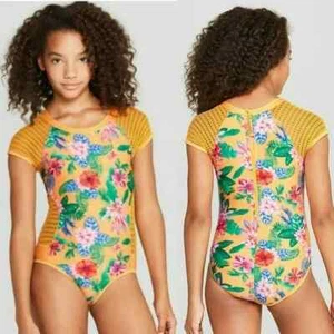 Art Class Girls Swimsuit One Piece blue Floral Mesh Rash guard Size Large 10/12 - Picture 1 of 6