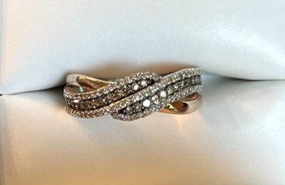 Helzberg Ring White & Chocolate Diamonds 10K YG + Sterling X-over wave size 6.75 - Image 1 of 4