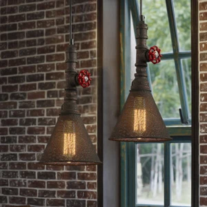 Industral Mottled Rustic Loft Single Light Pipe Pendant with Metal Mesh Cage - Picture 1 of 9