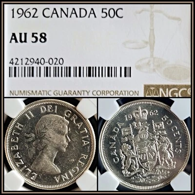 1962 Canada 50c Fifty Cents NGC AU 58 Queen Elizabeth About Unc Silver Coin - Image 1 of 4