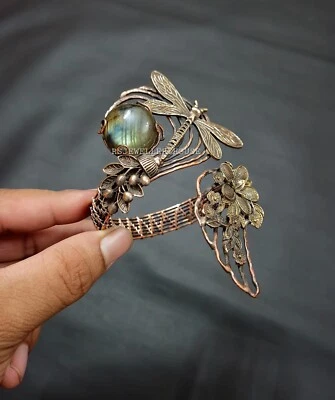 Brazalete ajustable envuelto en alambre gema de labradorita de fuego hecho a mano joyería de cobre Foto 1 de 4