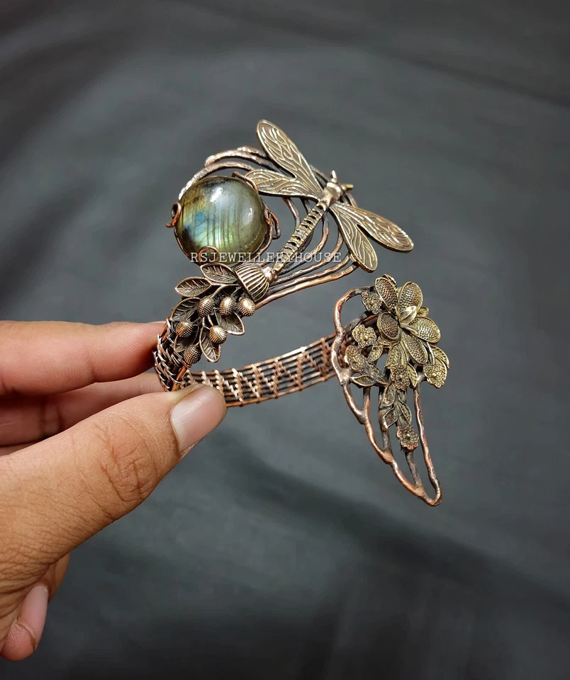 Brazalete ajustable envuelto en alambre gema de labradorita de fuego hecho a mano joyería de cobre Foto 1 de 4