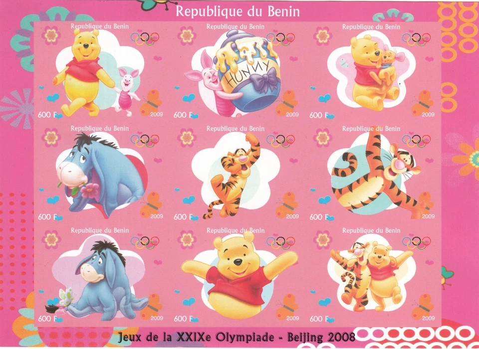 Winnie Pooh Honey Tigger Piglet Eeyore Benin Imperfect Mint Stamp Sheet 2008 - Image 1 of 1