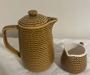 Vintage Royal Sealy Pitcher With Glass Gold Basket Weave Roper - Picture 1 of 5