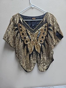  Vintage Y2K 70er Disco 100% reine Seide Schmetterling Bluse Futter Gold Pailletten Gr. L  - Bild 1 von 7