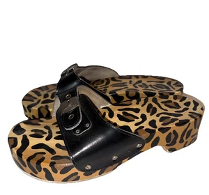 Vtg DR SCHOLLS Wood Slide Clogs Custom Painted Black /Leopard Size 8 - Picture 1 of 4