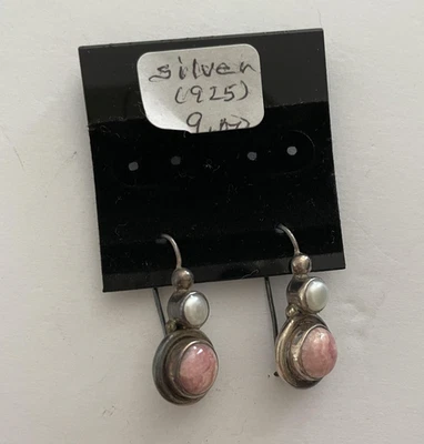 Pendientes colgantes de plata de ley 925 con cuentas de piedra rosa y perlas estilo boho vintage Foto 1 de 4
